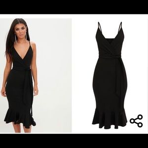 Black Strappy Tie Waist Fishtail Midi Dress